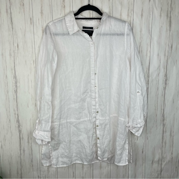 Tahari 100% linen white button down top Medium - Picture 1 of 3